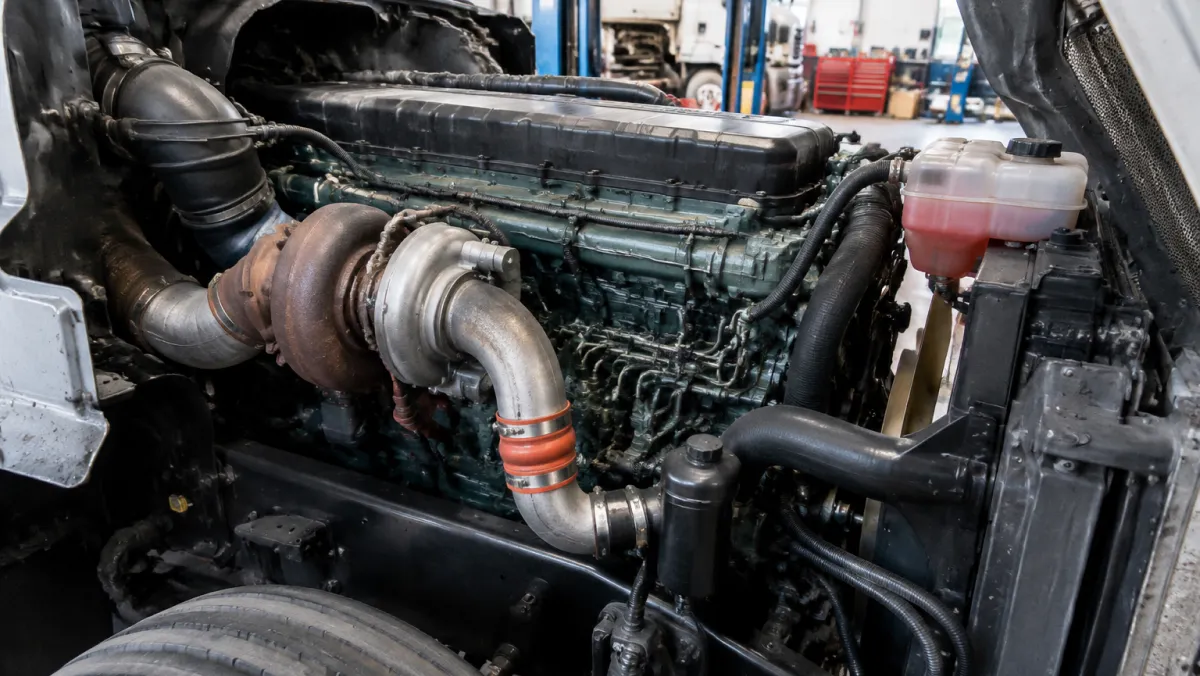 Detroit Series 60 12-7L diesel engine with S400 turbocharger installed in a truck engine bay